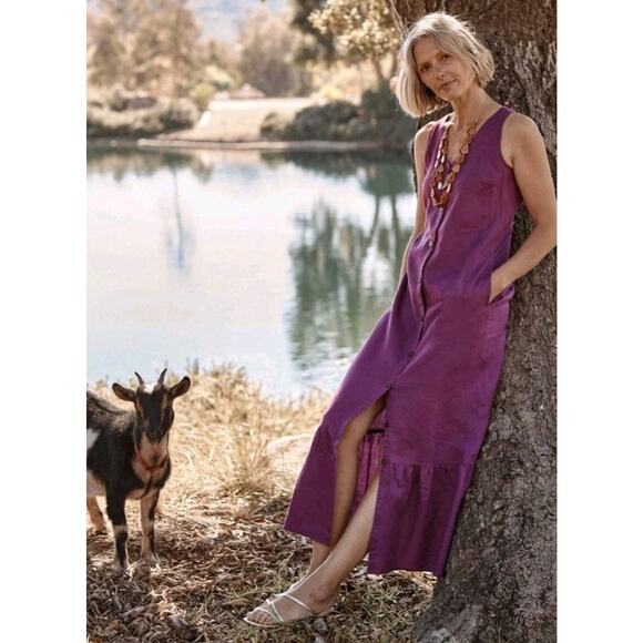 J.Jill 4X Love Linen Button Front Maxi Dress Purple Lagenlook Cottagecore V-Neck - Picture 5 of 16